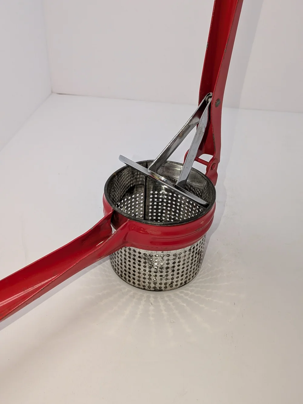 Vintage Metal Potato Ricer Red Handles Original 1950s Kitchen Tool